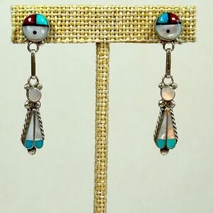 Vintage Native Zuni Inlay Post Dangle Earrings Turquoise MOP Coral Silver 925